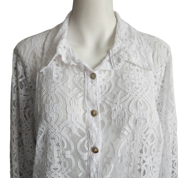 White Lace Button Up Mother Of Pearl Buttons Size 1X See Through Sexy Romantic - Picture 2 of 10